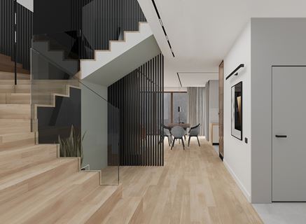 Wnętrze z minimalistyczną klatką schodową