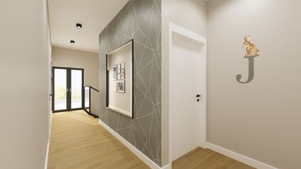 Szary korytarz z geometryczną tapetą