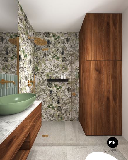 Nowoczesna łazienka z kabiną wykończoną biało-zielonym kamieniem