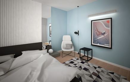 Niebieska sypialnia z białym, fakturowanym panelem