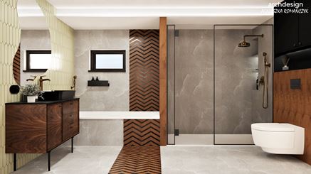 Szara łazienka z czarno-drewnianą jodełką