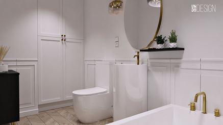 Biała, francuska łazienka z monolityczną umywalką