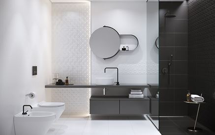 Nowoczesna, biało-czarna łazienka z mozaikową ścianą