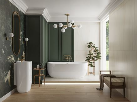 Zielona łazienka glamour z kremowymi ścianami Tubądzin Tender Stone