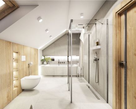 Przyścienna kabina i wanna prostokątna w zabudowie w łazience na poddaszu