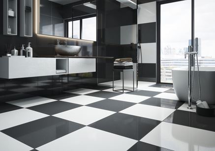 Łazienka glamour z półpolerowaną podłogą w czerni i bieli