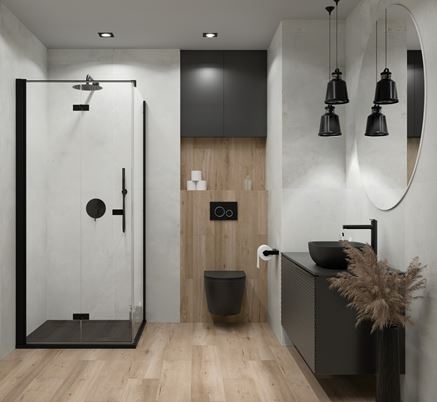 Wielkoformatowy beton i drewno w łazience z czarną ceramiką