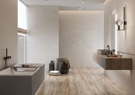 Drewno i beton Opoczno Keep Calm w łazience w minimalistycznym stylu