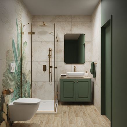 Drewno i zieleń w łazience z florystycznym dekorem Domino Alabaster Shine