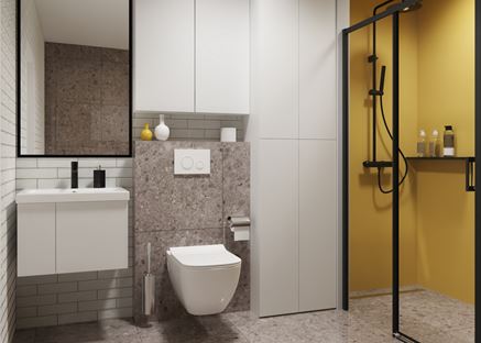 Aranżacja nowoczesnej łazienki z kamieniem i żółtą ścianą