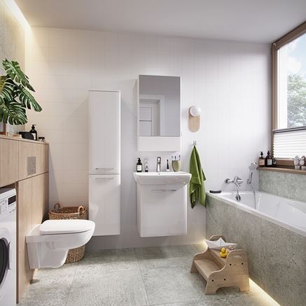 Szaro-biała łazienka z oknem w nowoczesnym stylu
