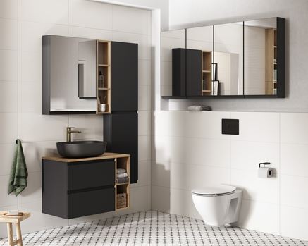 Czarno-biała łazienka z antracytowymi meblami Cersanit Moduo