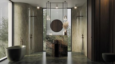 Zielona łazienka z cegiełkach i marmurze w stylu glamour