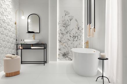 Biała łazienka glamour z kolekcją Domino Velo Bianco