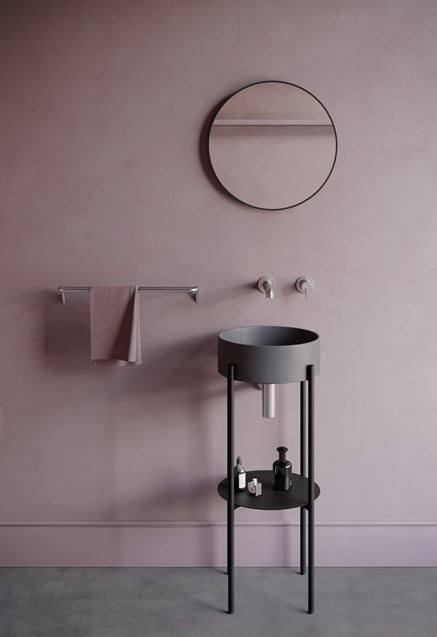 Minimalistyczna łazienka z czarną konsolą