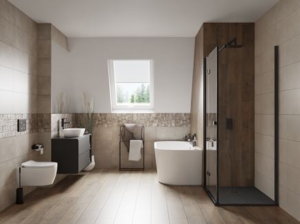 Drewno i beton w łazience z dekoracyjnym inserto