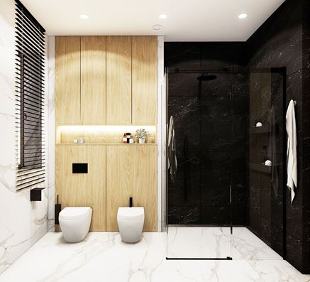 Czarno-biała łazienka z drewnianymi zabudowami