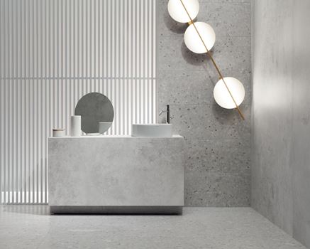 Szara, nowoczesna łazienka z płytkami Tubądzin Macchia