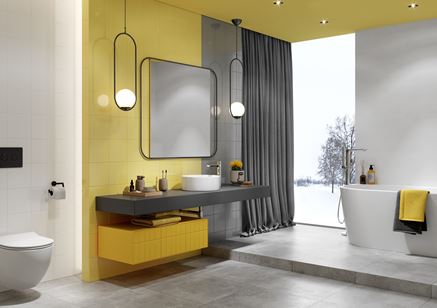 Łazienka z oknem w szaro-żółtych płytkach Opoczno Monoblock