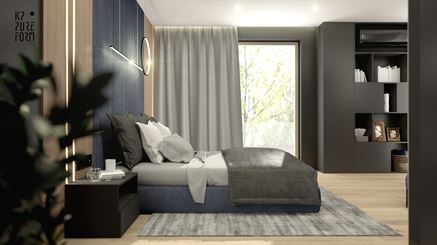 Sypialnia w drewnie i szarości z niebieskimi akcentami