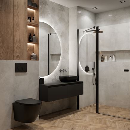 Szara łazienka z kolekcją Azario Concrete i podłogą w jodełce