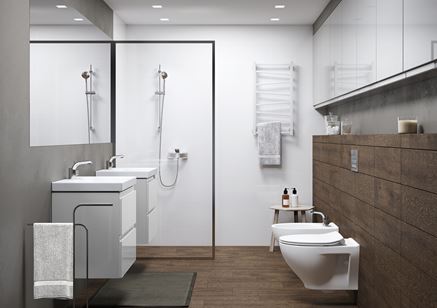 Biało-brązowa łazienka z białą ceramiką Cersanit Moduo