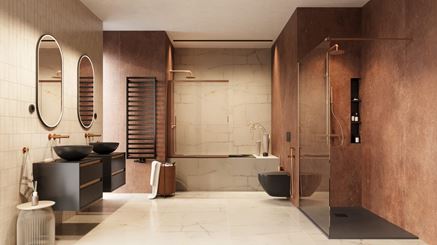 Duża łazienka z miedzianymi akcentami