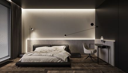 Sypialnia z czernią i betonową , podświetlaną lamperią