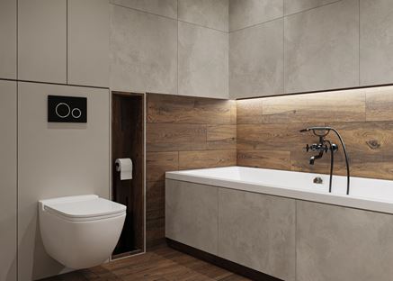 Minimalistyczna łazienka wykończona w drewnie i jasnym betonie