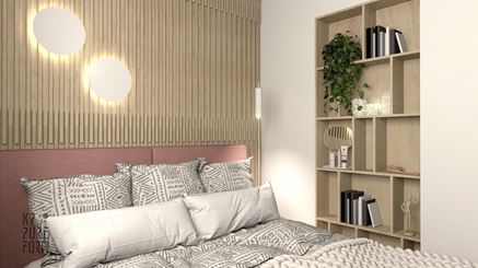 Sypialnia z drewnianą dekoracją 3d za łóżkiem