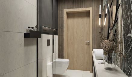 Wąska łazienka z drewnopodobnymi płytkami 3d