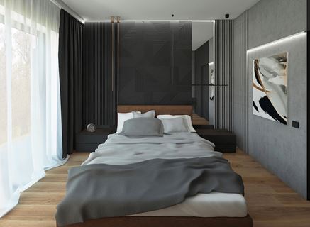 Sypialnia z betonem i czernią z dekoracyjnymi panelami