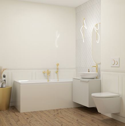 Łazienka w bieli i drewnie z wanną prostokątną