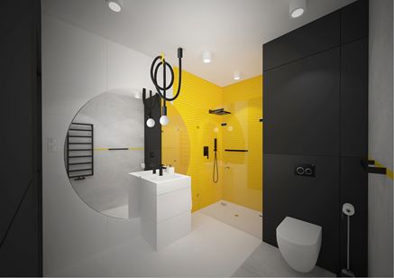 Prysznic z żółtymi ścianami w nowoczesnej łazience