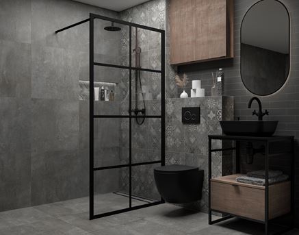 Szary patchwork i beton w łazience z kabiną walk-in