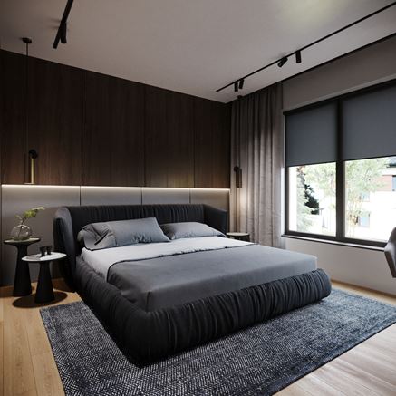 Minimalistyczna sypialnia w ciemnych kolorach