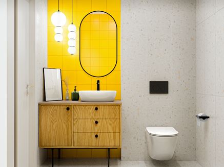 Beżowa łazienka z motywem terazzo z żółtymi kaflami