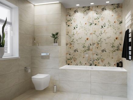 Jasna łazienka z florystycznymi dekorami