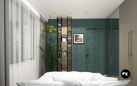 Sypialnia z turkusową ścianą
