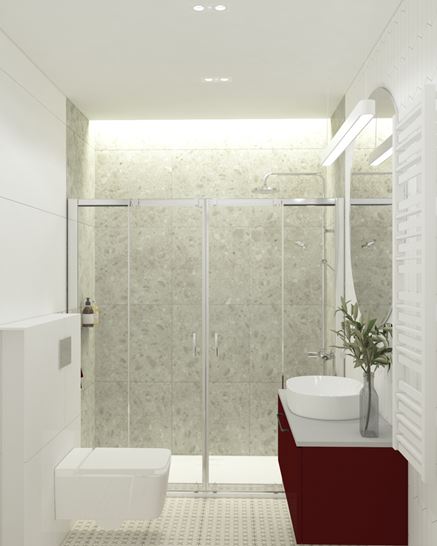 Duży prysznic z chromowymi profilami w niewielkiej łazience