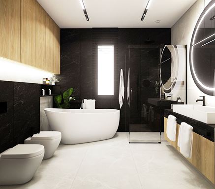 Czarne płytki w łazience z wanną i prysznicem