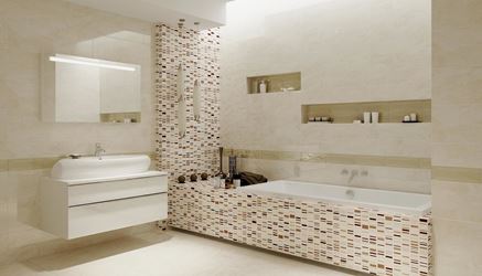 Nowoczesna beżowa łazienka z połyskliwymi dekorami