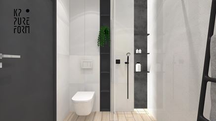 Mała łazienka w bloku - czerń, kamień i drewno