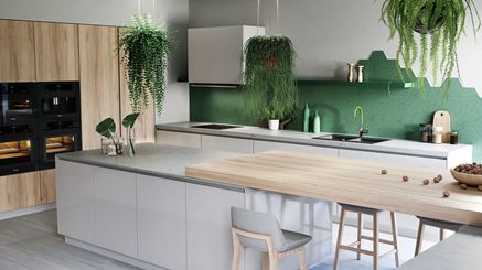 Biel, drewno i zielone akcenty w nowoczesnej kuchni