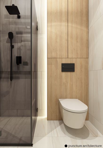 Toaleta z podświetlaną, drewnianą zabudową
