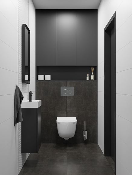 Nowoczesna toaleta w czarno-białej aranżacji