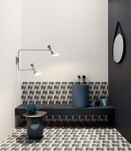 Czarno-biała łazienka z dekoracyjną mozaiką Tubądzin Funky