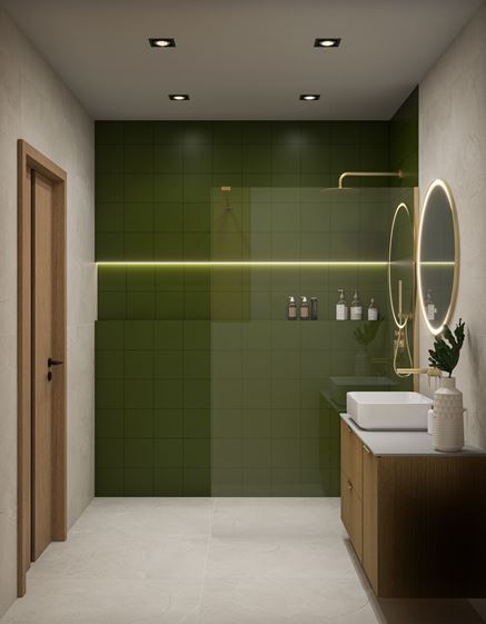 Zielone płytki w łazience z kabiną walk-in i szafką wiszącą