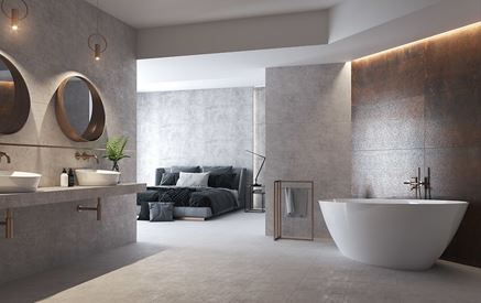 Łazienka z surowymi płytkami imitującymi beton Cersanit Divena