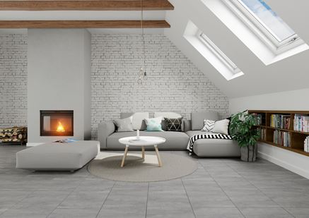 Szare płytki w salonie - Cersanit Apis